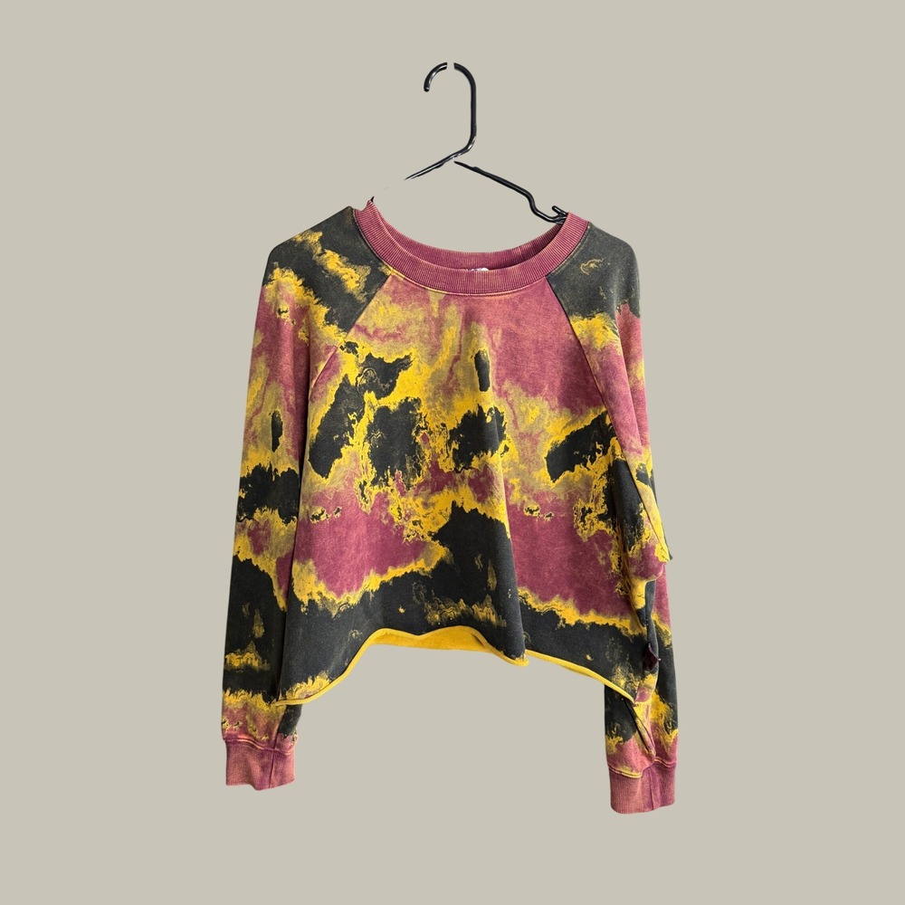JoyLab Acid Wash Cropped Sweatshirt XL Yellow Maroon Black Grunge Pullover